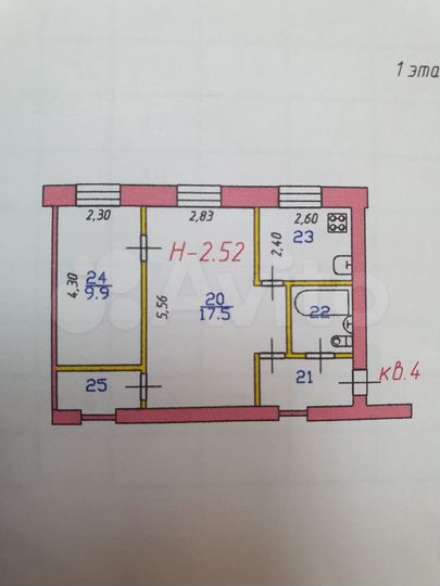2-к. квартира, 42,9 м², 1/4 эт.