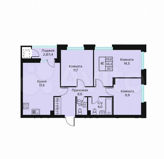 3-к. квартира, 69,8 м², 2/10 эт.