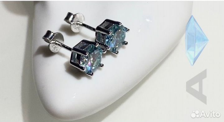 Серьги 2 ct голубой бриллиант(муассанит)
