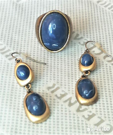Серьги, кольцо латунь лазурит разм. 19,5 С597