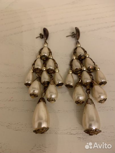 Серьги большие винтаж жемчуг латунь СССР