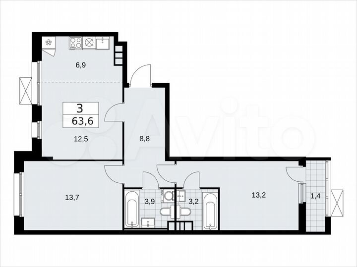 3-к. квартира, 63,6 м², 4/13 эт.