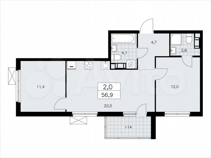 2-к. квартира, 56,9 м², 9/11 эт.