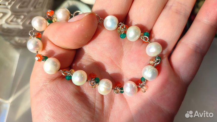 Браслет жемчуг/цитрин/сердолик/авантюрин s925