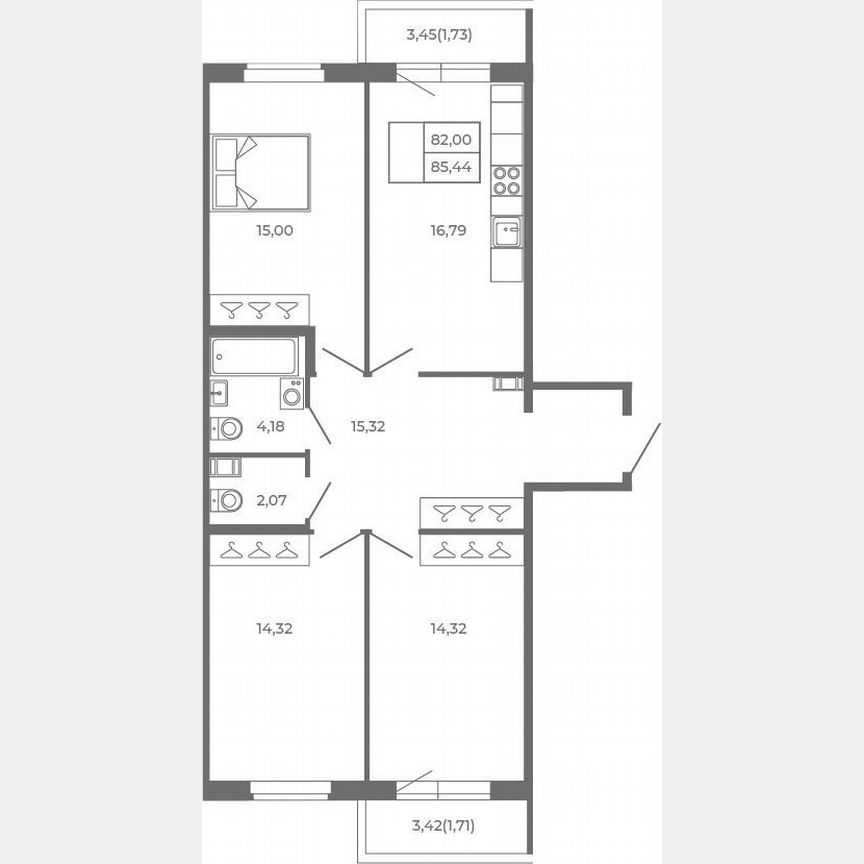 3-к. квартира, 82 м², 3/4 эт.