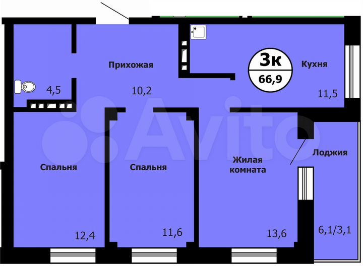 3-к. квартира, 66,3 м², 2/15 эт.