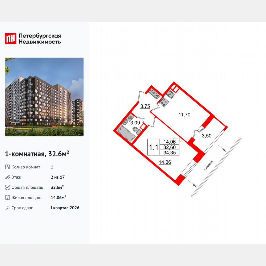 1-к. квартира, 32,6 м², 2/17 эт.