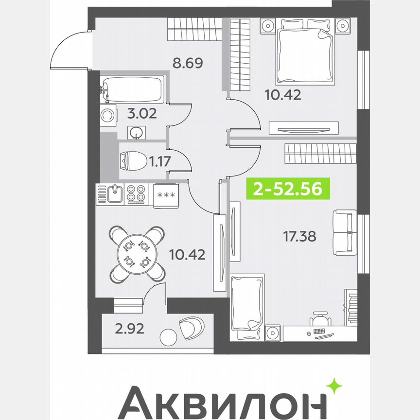 2-к. квартира, 52,6 м², 12/12 эт.