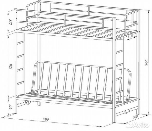 Двухъярусная металлическая кровать с диваном