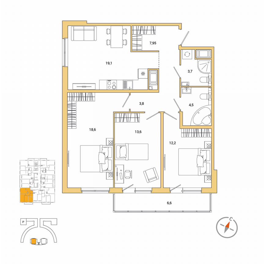 3-к. квартира, 85,4 м², 7/25 эт.