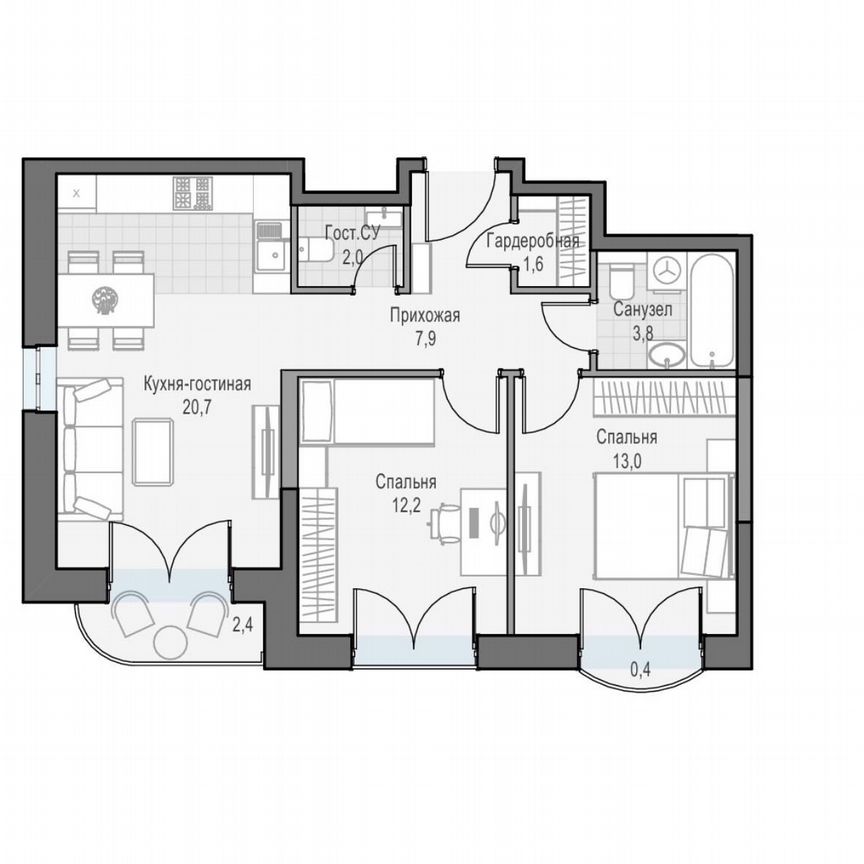 2-к. квартира, 62,2 м², 5/26 эт.