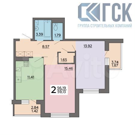 2-к. квартира, 59,1 м², 14/18 эт.