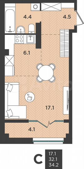 Квартира-студия, 34,2 м², 3/9 эт.