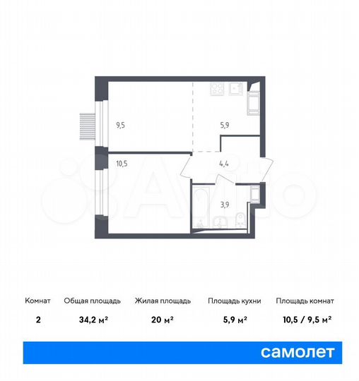 2-к. квартира, 34,2 м², 12/17 эт.