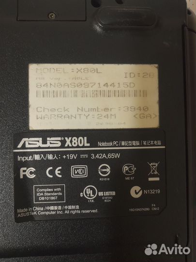 Ноутбук asus X80L рабочий, экран потух