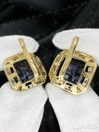 Золотые серьги с сапфирами и брилл 750 / 14.51 гр