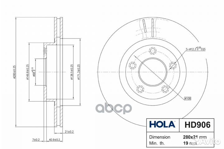 Тормозной диск вентилируемый HD906 hola