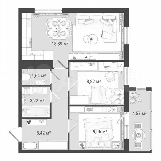 3-к. квартира, 54,6 м², 14/16 эт.