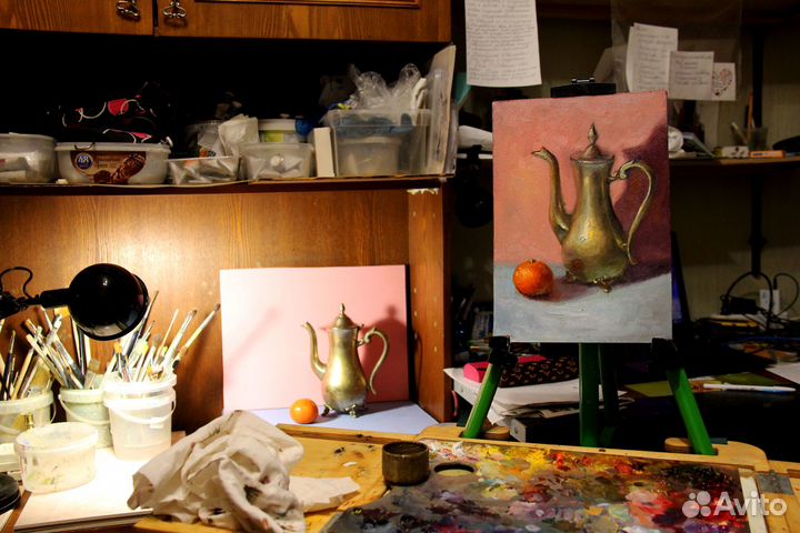 Картина маслом натюрморт Кофейник и мандарин