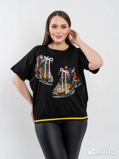 Футболка, принт, стразы, 6 расцветок, 52 до 64