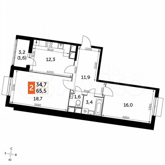 2-к. квартира, 65,5 м², 2/16 эт.
