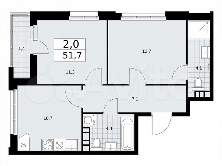 2-к. квартира, 51,7 м², 5/14 эт.