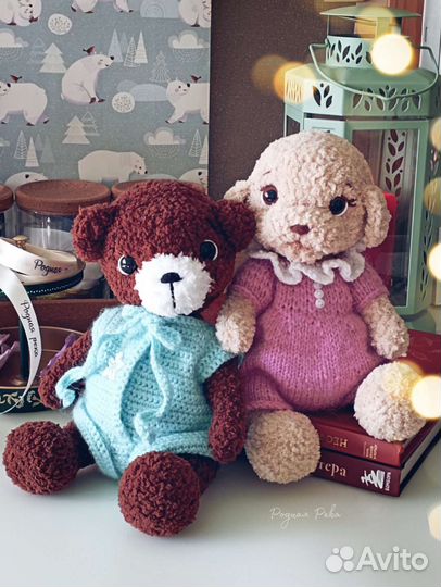 Игрушки вязаные: мишка, собачка, белый Умка, корги