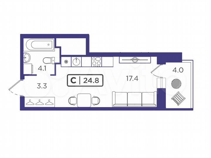 Квартира-студия, 24,4 м², 9/24 эт.