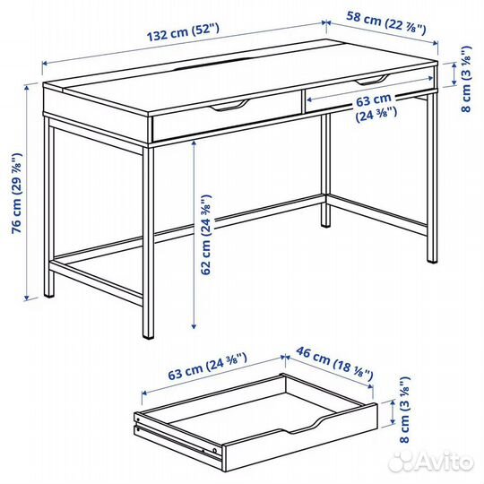 Письменный стол с ящиками, 132х58 белый alex IKEA