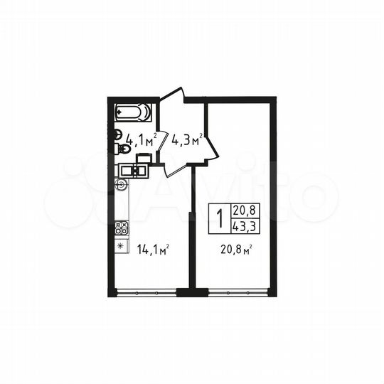 1-к. квартира, 43,3 м², 3/9 эт.