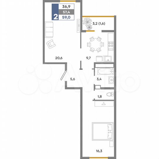 2-к. квартира, 59 м², 3/14 эт.