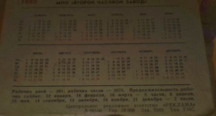 Календарик / Второй часовой завод / 1985 год