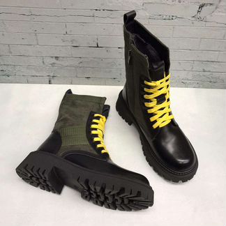 Ботинки зимние черные зеленые шнурки желтые