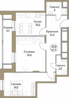 2-к квартира, 61.9 м², 16/17 эт.