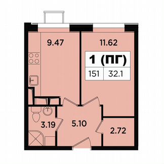 1-к апартаменты, 32.1 м², 12/18 эт.