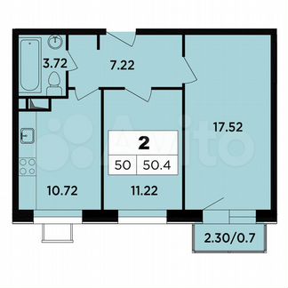 2-к апартаменты, 50.4 м², 3/18 эт.